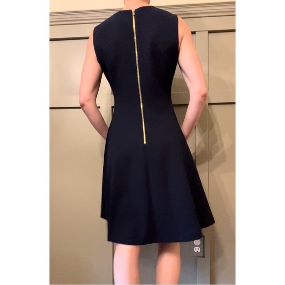 CALVIN Klein A-Line Career Office Dress Dark Navy Gold Button Shoulder Size 8 - Picture 3 of 11